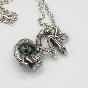 Womens Dragon Pendant Necklace Green Glass Marble Silver Tone Lobster Clasp 20 i